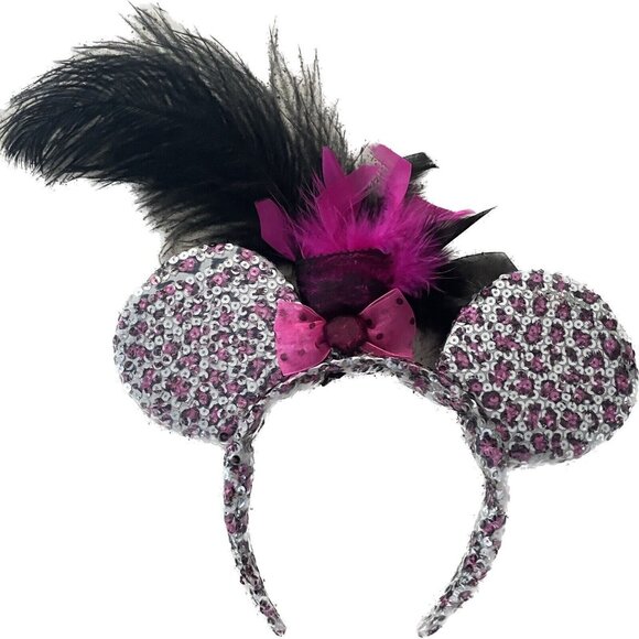 Disney Mickey Mouse Minnie Ears Bow Sequins Feather Pink Headband - Picture 2 of 3